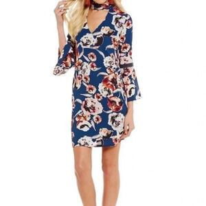 Skies Are Blue Floral Choker Neck Bell Sleeve Retro Mini Dress